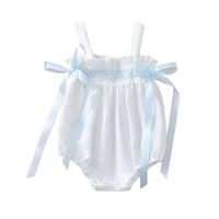 Baby Girl Summer Romper Floral Jacquard Sleeveless Suspender Romper with Satin Bow