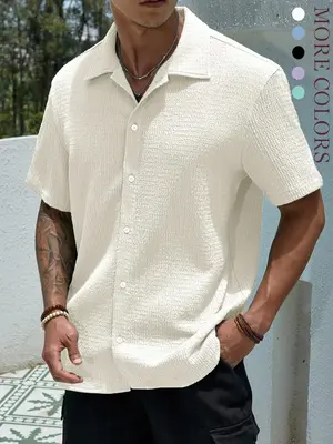 Men's Textured Button Front Shirt, Casual Regular Fit Short Sleeve Collared Top for Summer, Summer Leisure Top 2024, National...