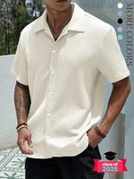 Men's Textured Button Front Shirt, Classic Casual Regular Fit Collar Top, Back-to-school Clothing, Shirts for Men, Fashion St...
