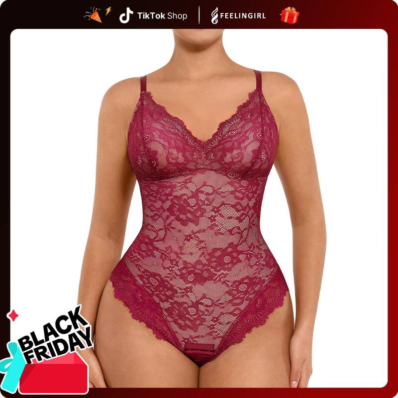 FeelinGirl Sexy Lace Bodysuits Shapewear for Womenswear Mesh Nylon Clothing Seamless Underwear Womenswear Tops Valentine