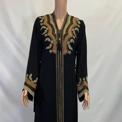 Black Embroidered Abaya with Rhinestone Design and Belt - Elegant Long Sleeve Dress with Decorative Patterns