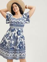 BLOOMCHIC Boho Print Fit Flare Pockets Midi Dress Casual Womenswear, Stylish and Comfortable, Ideal for Beach and Outdoor Eve...