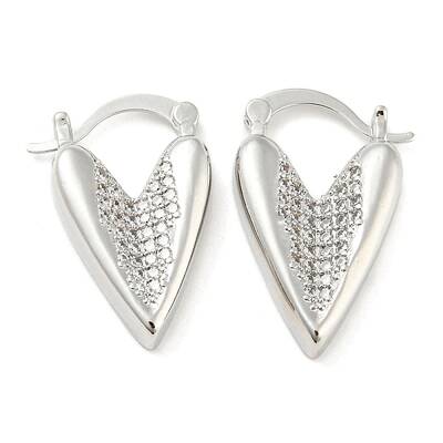 Heart Shape Brass Micro Pave Clear Cubic Zirconia Thick Hoop Earrings
