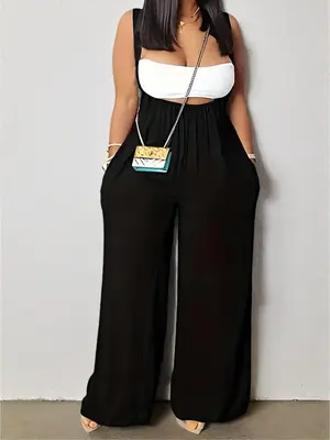 Women's Pocket Wide Leg Pinafore Pants, Comfy Pants, Casual Solid Color Bow Back Trousers, Summer Pants for Women, Women's Bo...