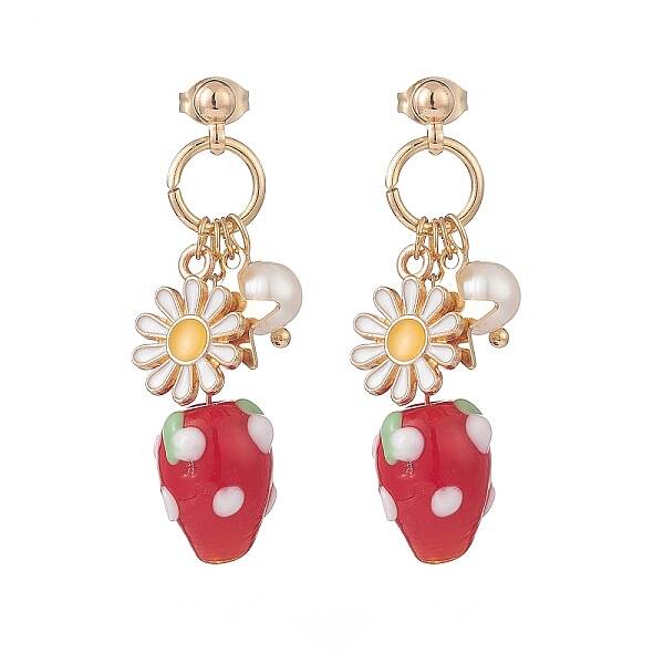 Natural Pearl & Alloy Enamel Flower & Lampwork Strawberry Dangle Stud Earrings