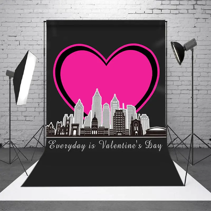 Pink Heart City Buildings Valentines Day Backdrop - Aperturee