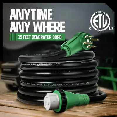 50 Amp Generator Extension Cord 15FT – Heavy-Duty 125V/250V NEMA 14-50P to SS2-50R Twist Lock Connector Generator to Home 1...