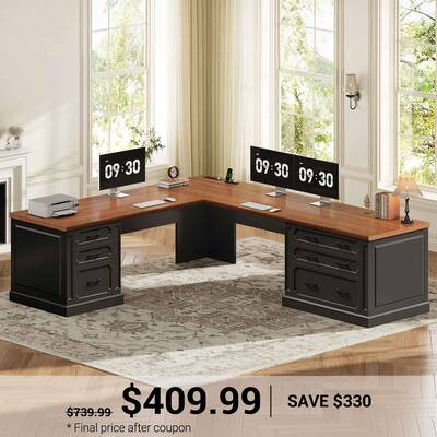 SEDETA | 78.7 Inch Corner Wood Computer Desk Farmhouse L Shaped Executive Desk with Power Outlet 6 Storage File Drawers Brown...