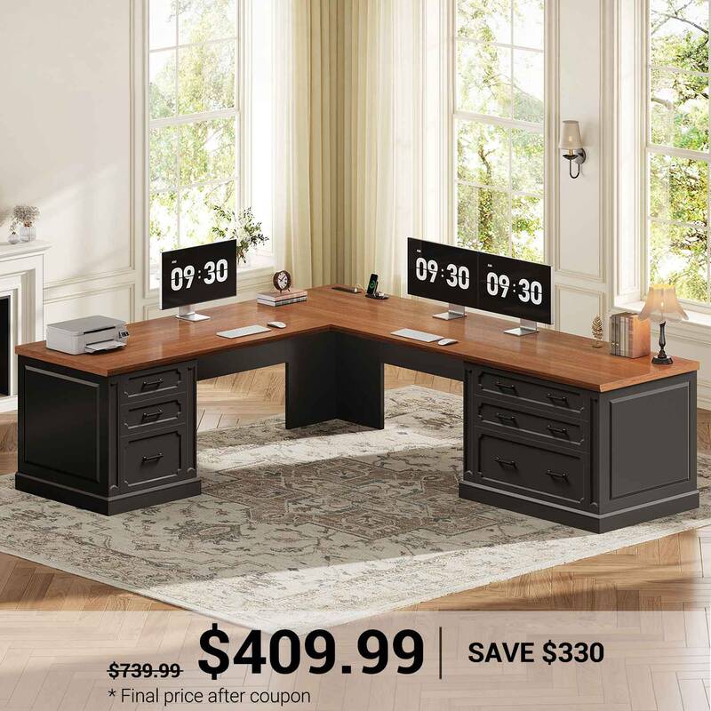 SEDETA | 78.7 Inch Corner Wood Computer Desk Farmhouse L Shaped Executive Desk with Power Outlet 6 Storage File Drawers Brown...
