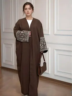 Women's Floral Embroidery Ethnic Pattern Open Abaya Cardigan with Pocket Round Neck Batwing Dress, Casual Modesty Long Sleev...
