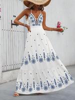 Women's Polka Dot & Floral Print Criss Cross Backless Cami Dress, Casual Boho Fashion Sleeveless Ruffle Hem A Line Long Spagh...