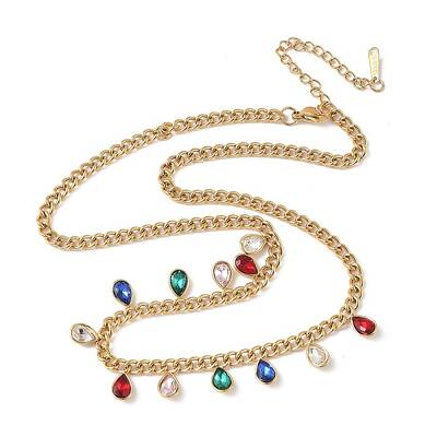 304 Stainless Steel Rhinestone Teardrop Tassel Twisted Chain Necklaces for Women