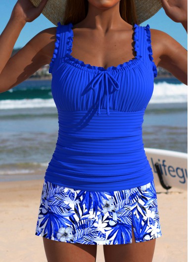 Modlily Mid Waisted Tropical Plants Print Royal Blue Tankini Set - XL