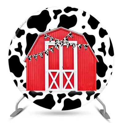 Aperturee Cow Pattern Flag Red Farm Circle Birthday Backdrop | Round Backdrop Fabric Cover | Circle Party Backdrop | Circle B...