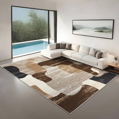 Garvee Modern Brown 10x13 Abstract Area Rugs - Soft Low Pile, Non-Slip Backing - Washable, Lightweight Foldable - Brown - Liv...