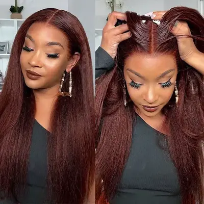 Reddish Brown Colored Kinky Straight Human Hair Lace Frontal Wigs 13x4 4X4 Ashimary Virgin Hair Front Wigs