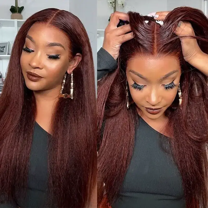 Reddish Brown Colored Kinky Straight Human Hair Lace Frontal Wigs 13x4 4X4 Ashimary Virgin Hair Front Wigs