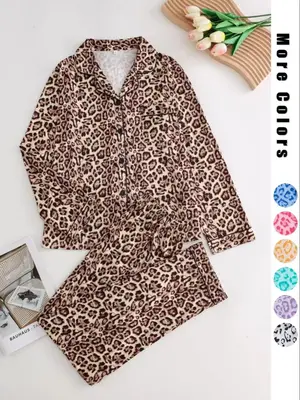 Women's Leopard Print Button Front Pocket Lapel Shirt & Elastic Waist Pants Pyjama Two-piece Set, Casual Comfy Pocket Long Sl...