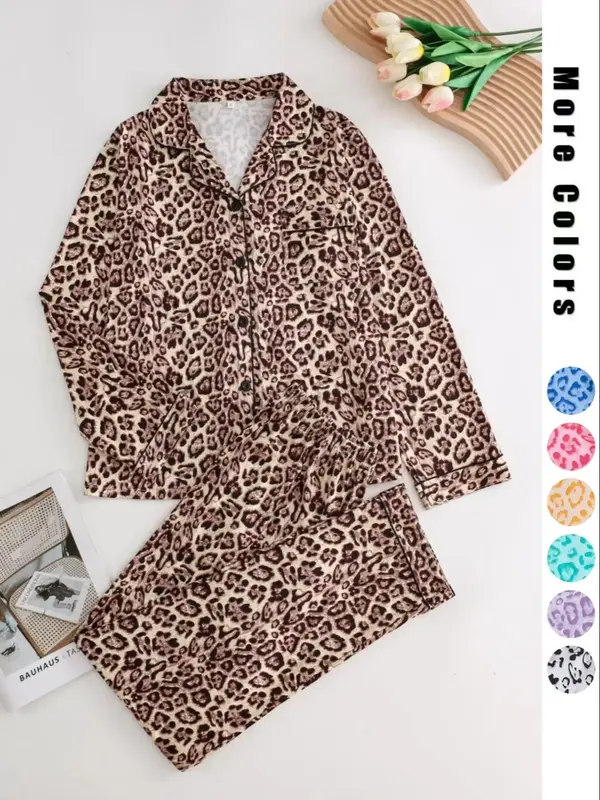 Women's Leopard Print Button Front Pocket Lapel Shirt & Elastic Waist Pants Pyjama Two-piece Set, Casual Comfy Pocket Long Sl...