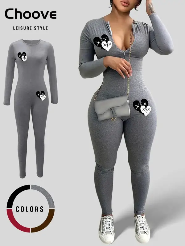 Women's Heart Print Zipper Jumpsuit, Casual Long Sleeve Round Neck Jumpsuit for Daily Wear, Ladies Clothes for All Seasons