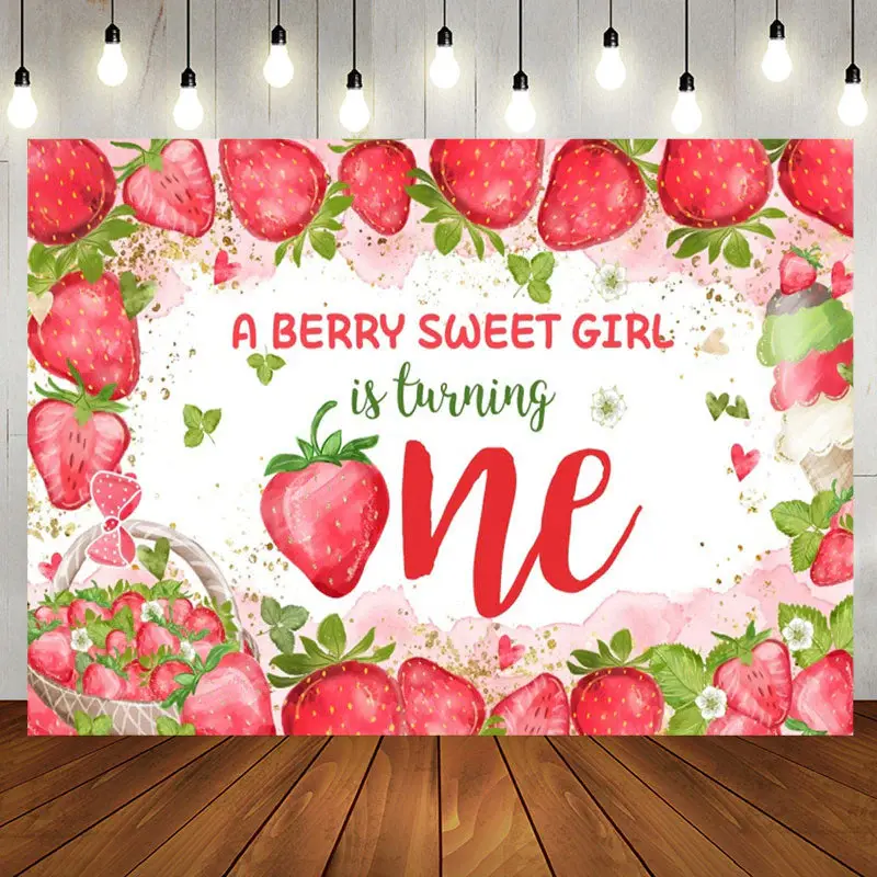 Sweet Girl Turning One Strawberry Birthday Backdrop - Aperturee