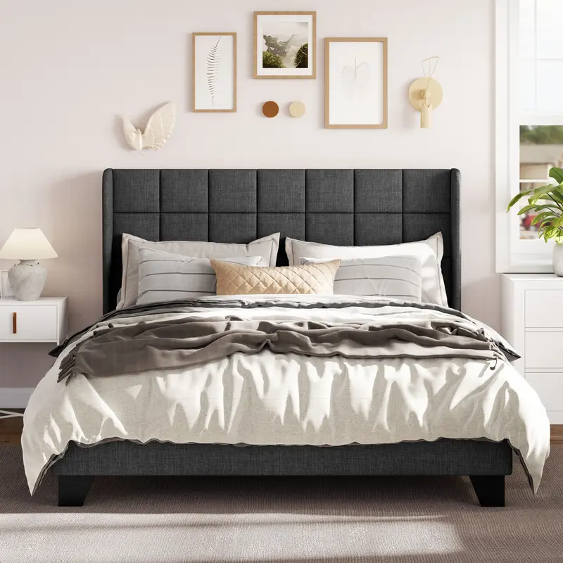 Allewie Full/Queen/King Upholstered Platform Bed Frame - 【Frame Only No Mattress】Wingback Square-Stitched Headboard with ...