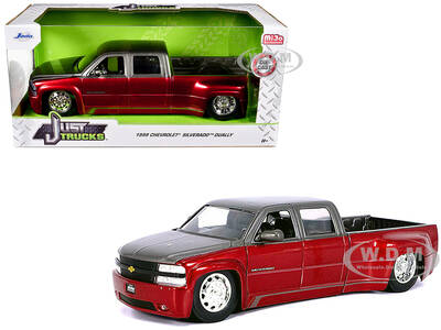 1999 Chevrolet Silverado Dually Pickup Truck Red Metallic and Gray with Stock Wheels Just Trucks Series 1/24 Diecast Model Ca...