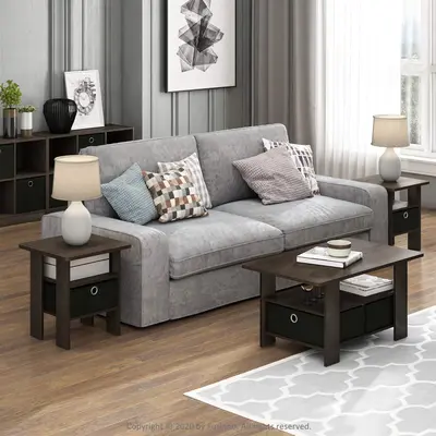 HOMLUX Andrey End Table/Nightstand with Bin Drawer, Dark Brown/Black, Set of 2, Budget Furniture