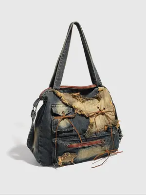 Women's Street Style Distressed Bowknot Design Tote Bag, Vintage Trendy Large Capacity Shoulder College Bag, Chic All-match Y...
