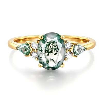 Sterling Silver with Yellow Gold Plated Pear Cut Moss Agate Engagement Ring