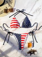 Women's Flag Print Bikinis Set, Casual Comfort Halter Tie Back Triangle Bikini Top & Tie Side Swim Thong, Summer Outfits 2024...