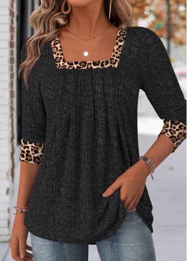 Modlily Black Leopard Long Sleeve Square Neck T Shirt - M
