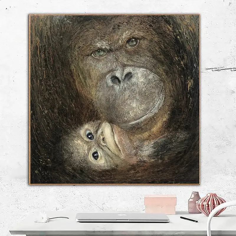 Original Gorillas Paintings On Canvas Realistic Gorilla Wall Art Monkey Painting Animal Portrait Monochrome Art Animal Family...