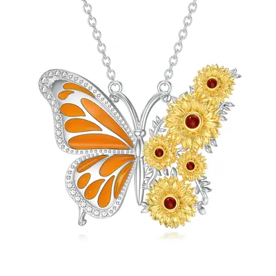 Sterling Silver Two-tone Butterfly & Sunflower Pendant Necklace