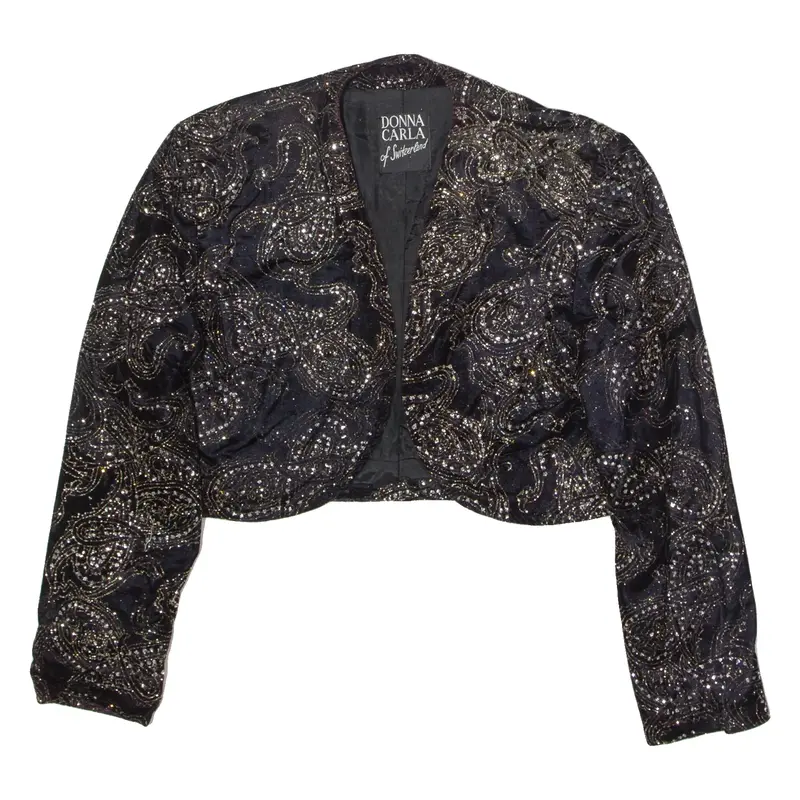 DONNA CARLA Glitter Womens Blazer Jacket Black Velvet 90s Crazy Pattern L