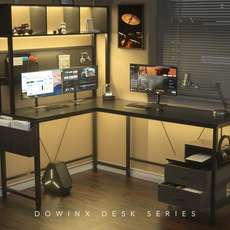 Dowinx L Shaped Desk with Pegboard and Drawers, Reversible 67” Gaming Desk with RGB Light and Power Outlet, Computer Corner...