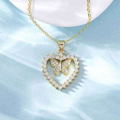 Brass Micro Pave Clear Cubic Zirconia Butterfly Heart Pendant Necklaces for Women
