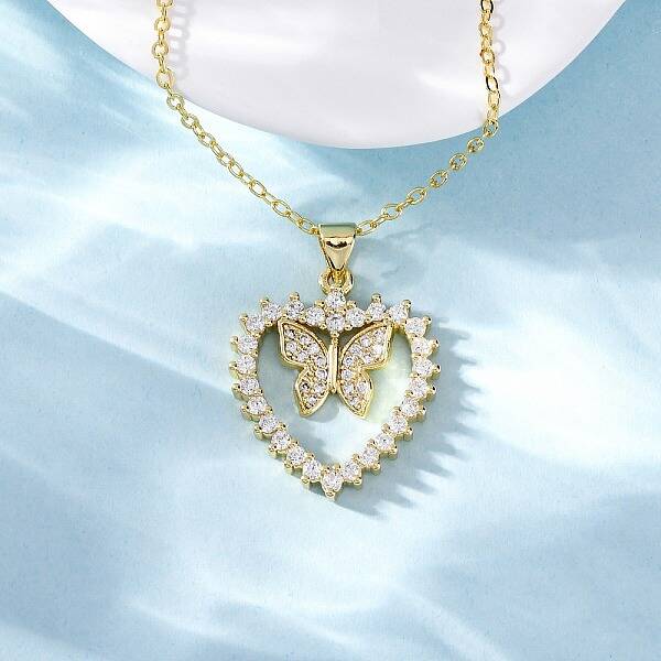 Brass Micro Pave Clear Cubic Zirconia Butterfly Heart Pendant Necklaces for Women