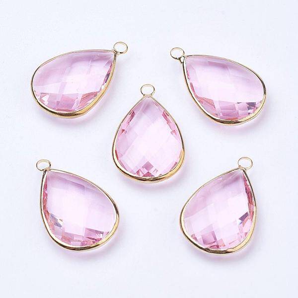 Golden Tone Brass Glass Teardrop Pendants