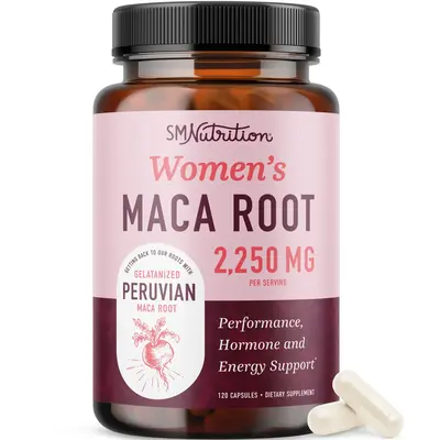 SM Nutrition Women's Organic Maca Root Capsules 2250mg Gelatinized Peruvian Maca for Performance Energy & Hormone Balance 120...