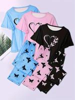 Women's Heart & Butterfly Print Pyjama Set, Aesthetic Fit Lady Comfy Fitted Shortsleeve T-shirt & Trousers, Women Sleepwear H...