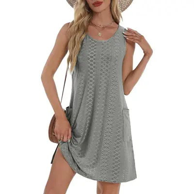Coverup Summer Dresses for Women 2025 Eyelet Casual Loose Sleeveless Sundresses Tank Dresses with Pockets