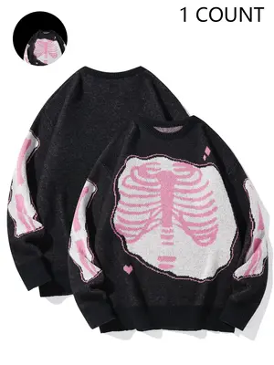 Halloween Outfit Ideas, Men's Colorblock Skeleton Print Drop Shoulder Sweater, Regular Fit Casual Long Sleeve Round Neck Jump...