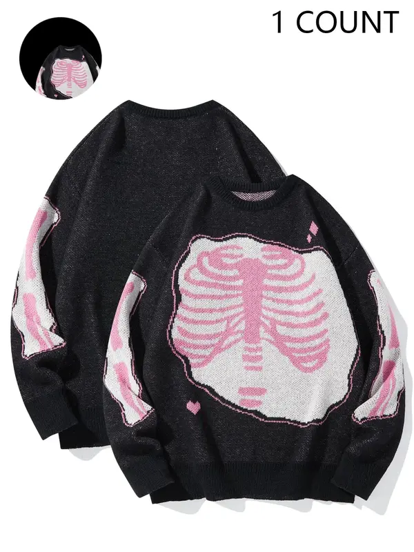 Halloween Outfit Ideas, Men's Colorblock Skeleton Print Drop Shoulder Sweater, Regular Fit Casual Long Sleeve Round Neck Jump...