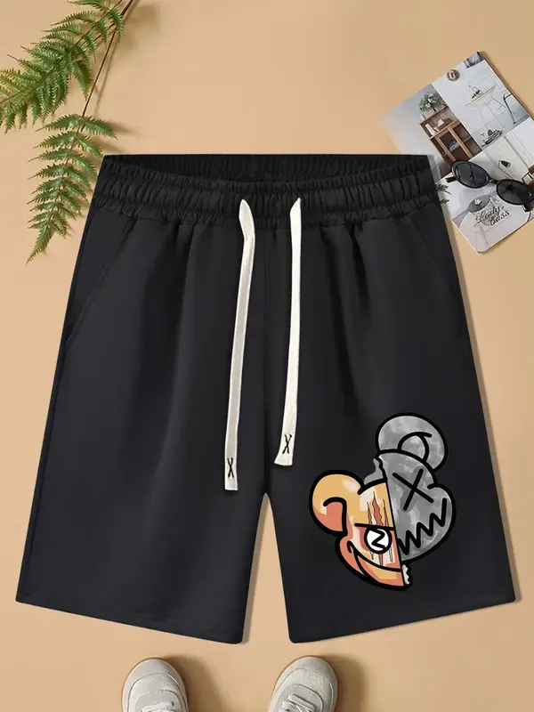 Men's Cartoon Bear Print Drawstring Waist Shorts, Regular Fit Casual Pocket Straight Leg Shorts, Shorts for Men, Men's Summer...