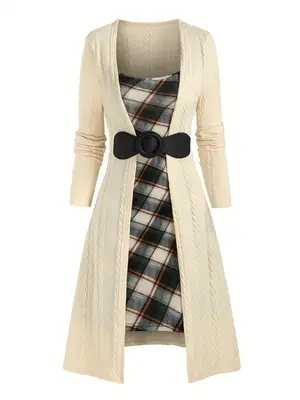 【Plus Size】Plaid Patchwork Print Textured Square Neck  2 IN 1 A Line Dress, Casual Long Sleeve Dress for Fall & Winter, W...
