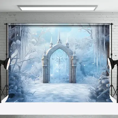 Aperturee White Snowy Wonderland Ice Pick Gate Photo Backdrop, 3X2FT(1MX0.6M), 14 USD, YZHD0O28-M, winter backdrops
