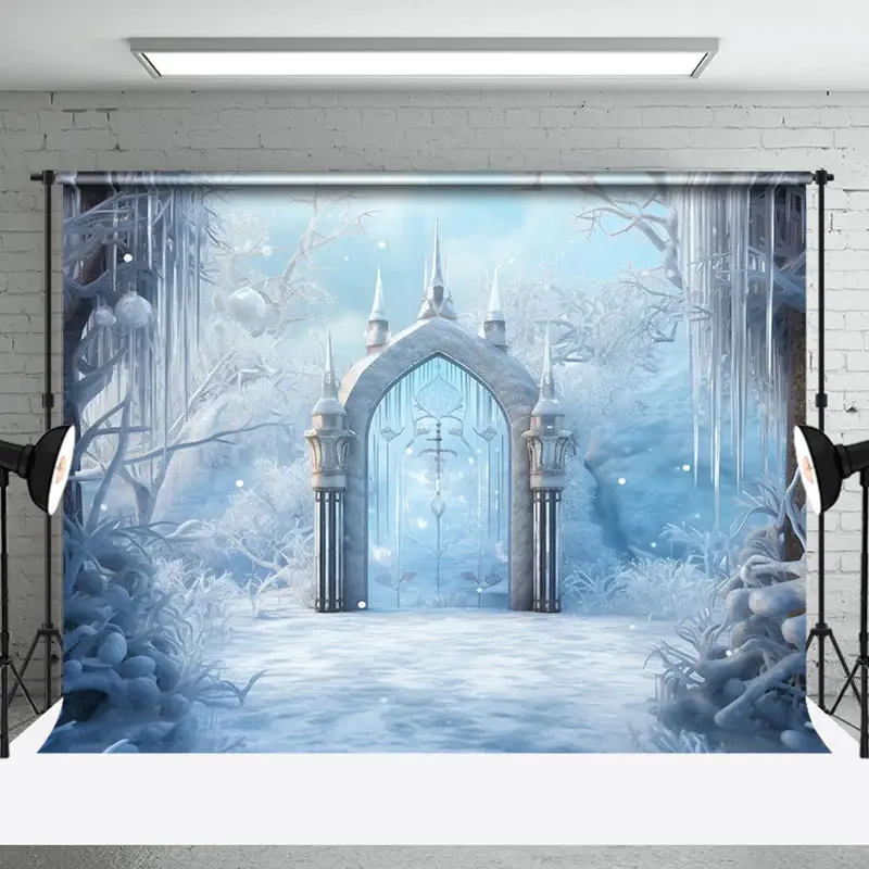 Aperturee White Snowy Wonderland Ice Pick Gate Photo Backdrop, 3X2FT(1MX0.6M), 14 USD, YZHD0O28-M, winter backdrops