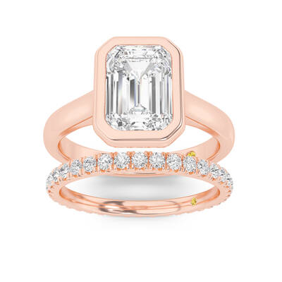 Secret Kiss Lab Grown Emerald Cut Diamond Engagement Ring with the Envoi Wedding Band | 18K Rose Gold 3 ct. tw.