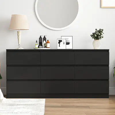 Spaco Modern Wide Black Dresser with 9 Drawers,Chest of Drawer Storage Cabinet for Clothes,Bedroom Storage Organizer Night Ta...